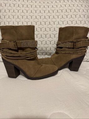 UNIONBAY Taupe Suede-Look Block Heel Ankle Boots with Studded Straps